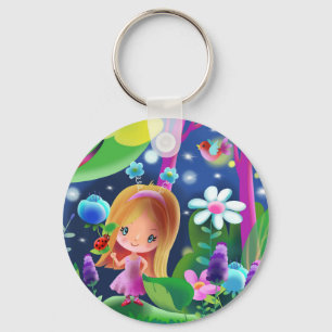 girl in a magical forest with flowers and a bird key ring