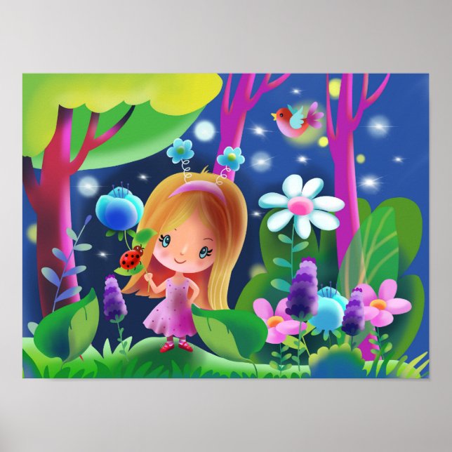 girl in a magical forest with flowers and a bird  poster (Front)