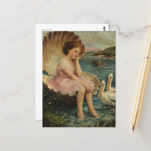 Girl in a Seashell and Pelicans Postcard
