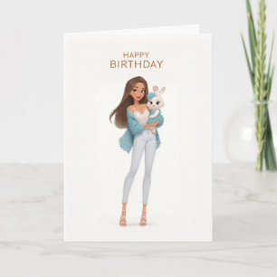 Girl in Blue Lace Cardigan w/ White Bunny BDay Card