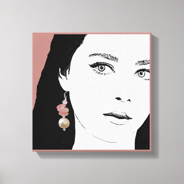 Girl in blush pearl earring fashion illustration canvas print (Front)