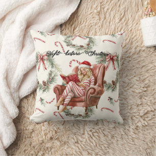 Girl in Chair Santa Hat Candy Cane Christmas Cushion