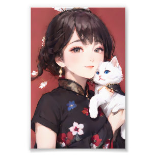 Girl in Chinese Traditional Dress Hugging a Cat Photo Print