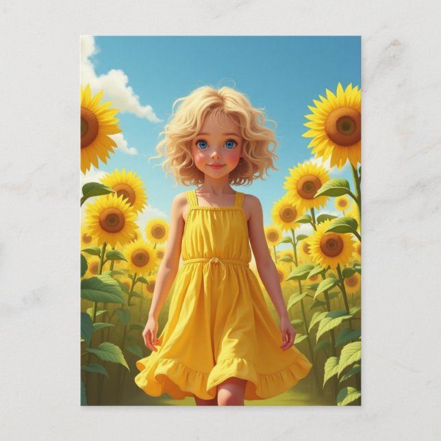 Girl in field of sunflower art  postcard (Front)