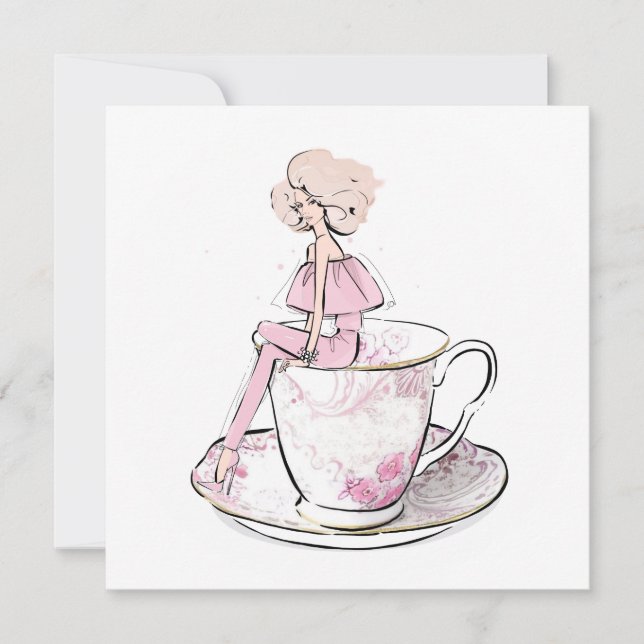 Girl in floral pink teacup holiday card (Front)