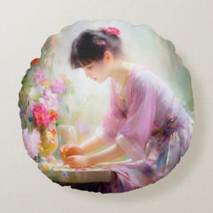 Girl in Flower Garden Round Cushion
