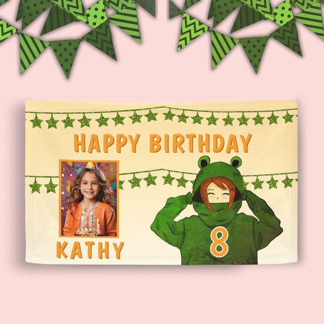 Girl in Frog Hoodie Stars Photo Birthday Backdrop Banner (Creator Uploaded)