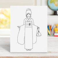 Girl in Japanese Kimono Dress Colouring Page