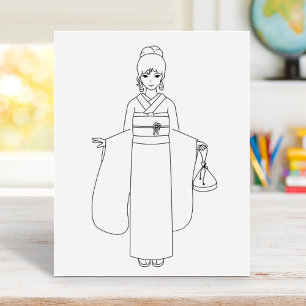 Girl in Japanese Kimono Dress Colouring Page Poster