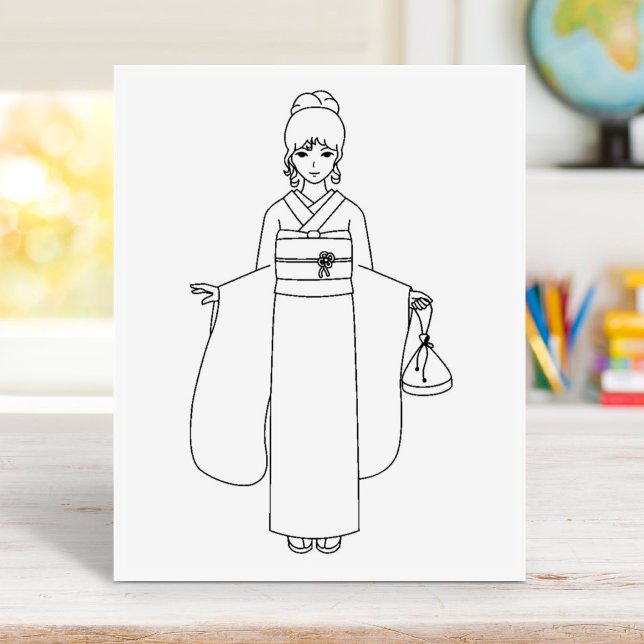 Girl in Japanese Kimono Dress Colouring Page Rubber Stamp (Creator Uploaded)