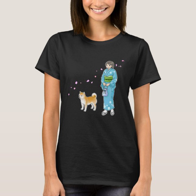 Girl In Kimono & A Shiba Inu Enjoying A Breath Of  T-Shirt (Front)
