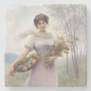 Girl in Lilac Coloured Dress With a Flower Bouquet Stone Coaster