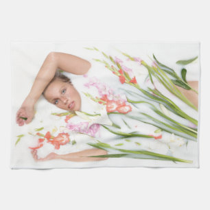 Girl in Milk with Flowers Tea Towel
