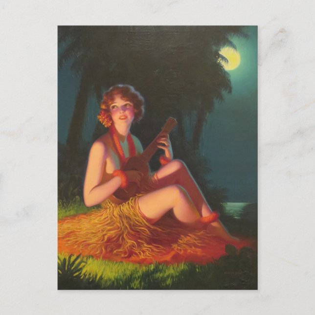 Girl in Moonlight with Banjo Ukulele Postcard (Front)