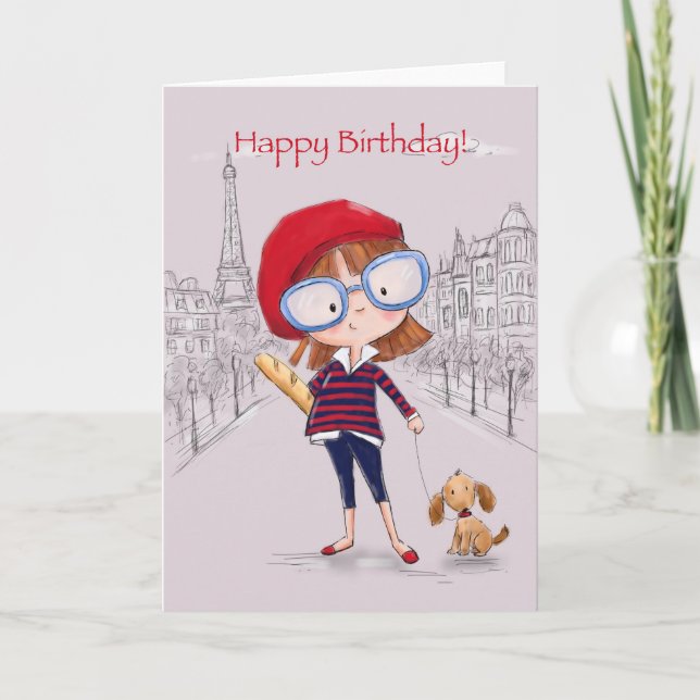 Girl in Paris with little dog, Happy Birthday Card (Front)