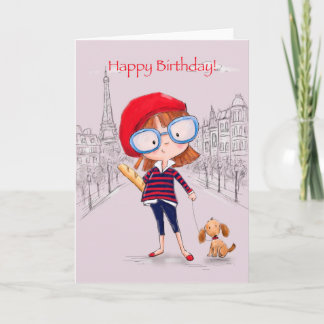 Girl in Paris with little dog, Happy Birthday Card