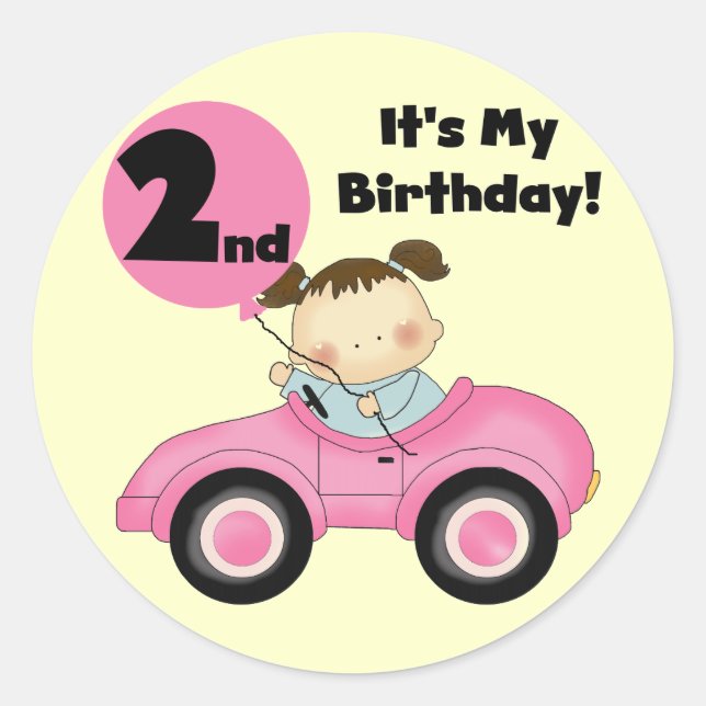 Girl in Pink Car 2nd Birthday Tshirts and Gifts Classic Round Sticker (Front)
