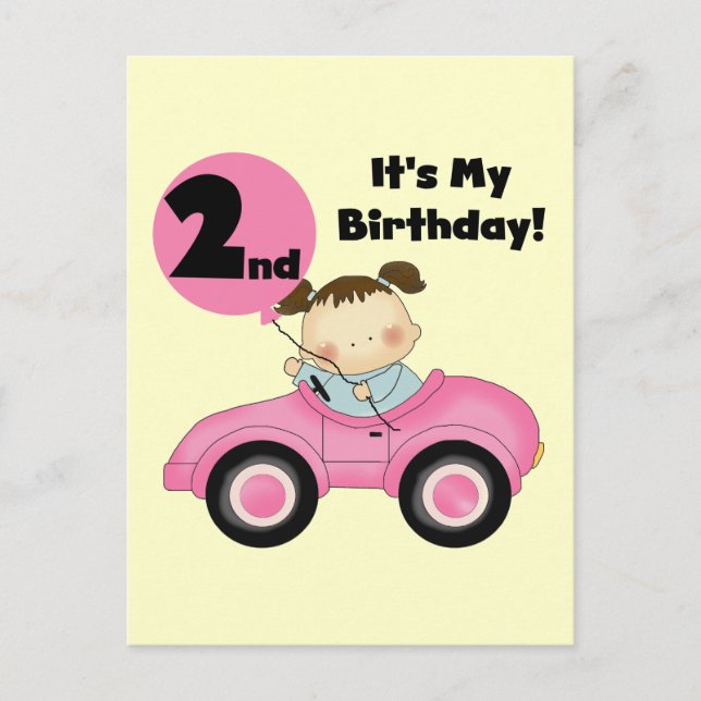 Girl in Pink Car 2nd Birthday Tshirts and Gifts Postcard (Front)