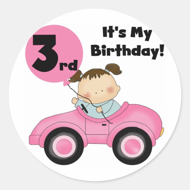 Girl in Pink Car 3rd Birthday Tshirts and Gifts Classic Round Sticker (Front)
