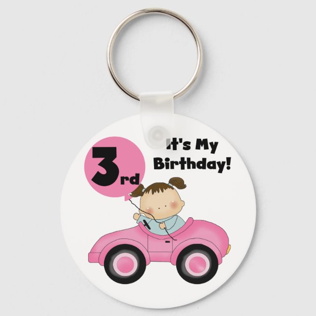 Girl in Pink Car 3rd Birthday Tshirts and Gifts Key Ring (Front)