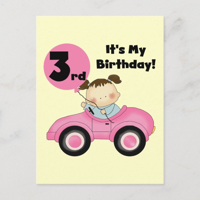 Girl in Pink Car 3rd Birthday Tshirts and Gifts Postcard (Front)