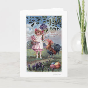 Girl in Pink Holding Purple Flowers Holiday Card