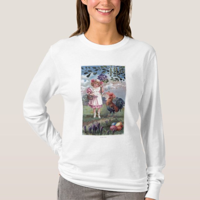 Girl in Pink Holding Purple Flowers T-Shirt (Front)