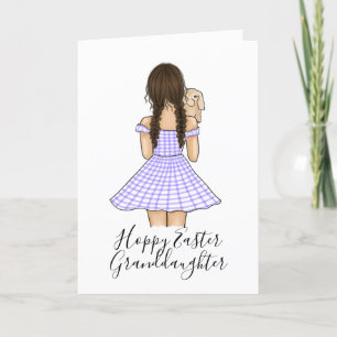 Girl in Purple Gingham Plaid Carrying Pet Bunny Holiday Card