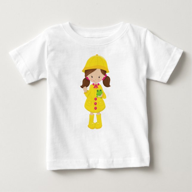 Girl In Raincoat, Boots, Brown Hair, Frog Baby T-Shirt (Front)
