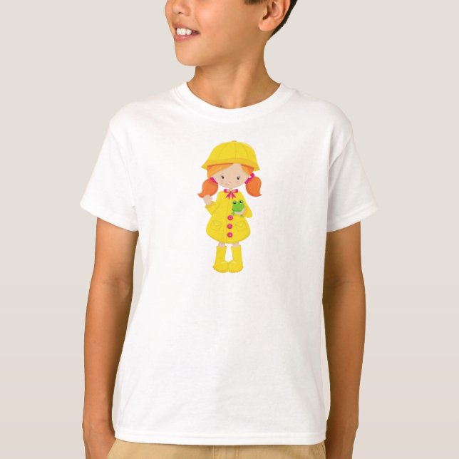 Girl In Raincoat, Boots, Orange Hair, Frog T-Shirt (Front)
