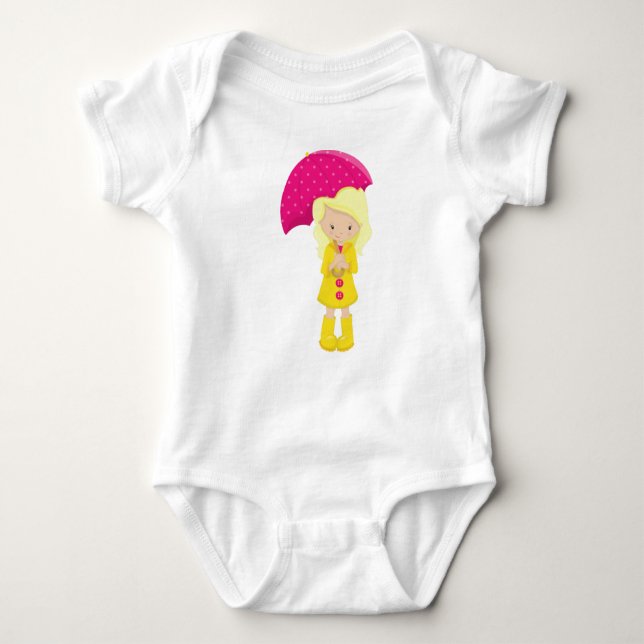 Girl In Raincoat, Girl With Umbrella, Blonde Hair Baby Bodysuit (Front)