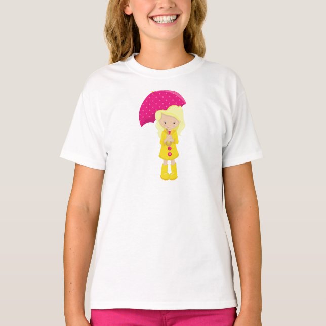 Girl In Raincoat, Girl With Umbrella, Blonde Hair T-Shirt (Front)
