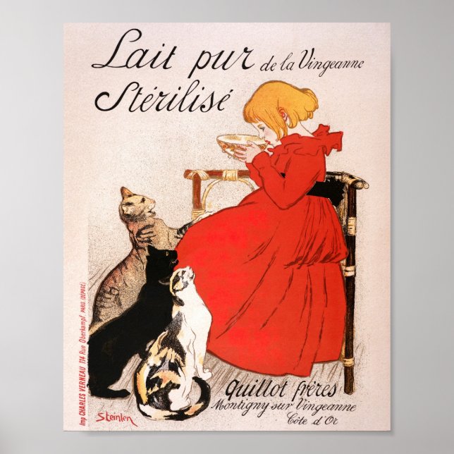 Girl in Red Dress Drinking Milk Steinlen Poster (Front)