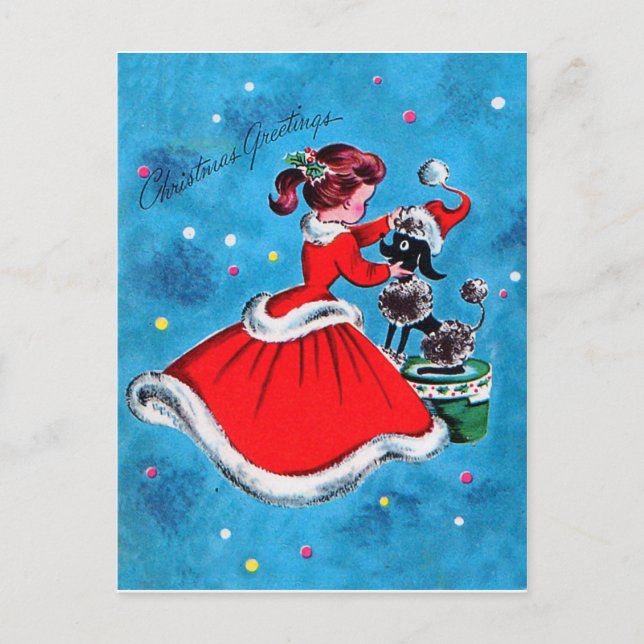 Girl in red dress preparing her dog for Christmas Postcard (Front)