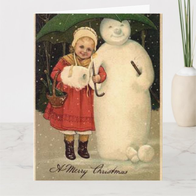 Girl in Red Jacket with Snowman Holiday Postcard (Front)