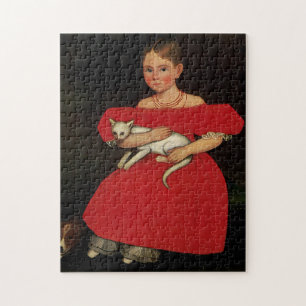 Girl in Red with her Cat and Dog Jigsaw Puzzle