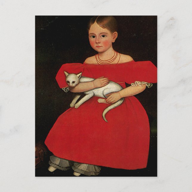 Girl in Red with her Cat and Dog Postcard (Front)