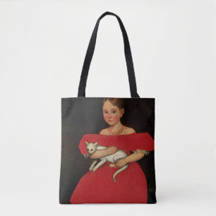 Girl in Red with her Cat and Dog Tote Bag