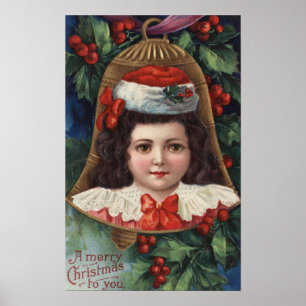 Girl in Santa Hat in Bell Poster