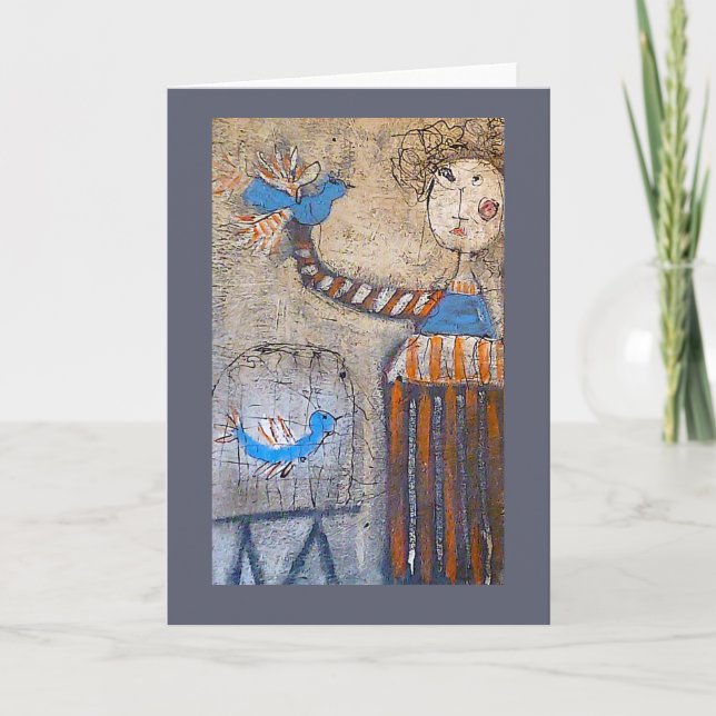 Girl in stripes with two birds card (Front)