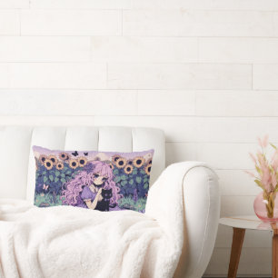 Girl in Sunflower Field – Menina no campo de giras Lumbar Cushion