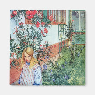 Girl in the Garden with Red Flowers Magnet
