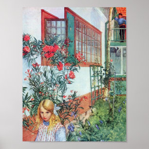 Girl in the Garden with Red Flowers Poster