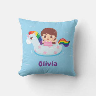 Girl in Unicorn Rainbow Pool Float Kids Room Decor Cushion