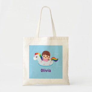 Girl in Unicorn Rainbow Pool Float Kids Tote