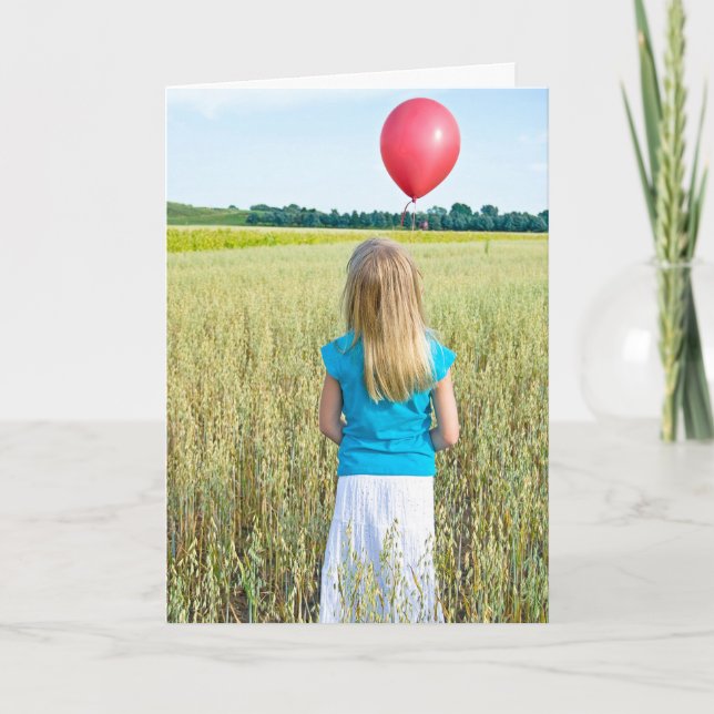 girl in wheat field with red balloon birthday card (Front)