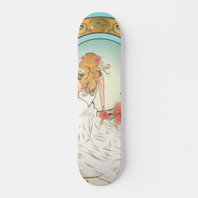 Girl in white gown with pink lily flowers skateboard (Front)