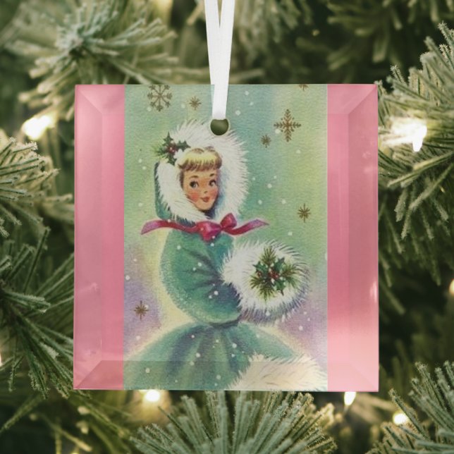 Girl in Winter Coat Retro Pink and Blue Ornament (Insitu)