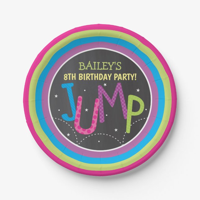 Girl Jump Party Trampoline Party Chalkboard Paper Plate (Front)