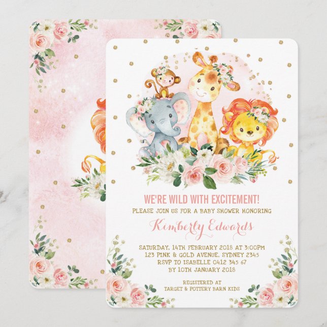 Girl Jungle Baby Shower Blush Pink Gold Floral Invitation (Front/Back)